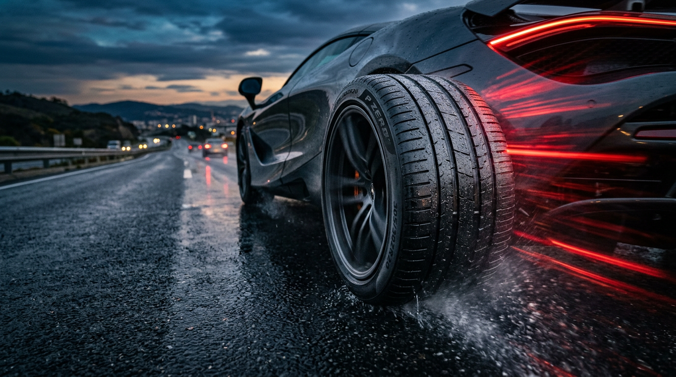 Sports car driving on highway at dusk